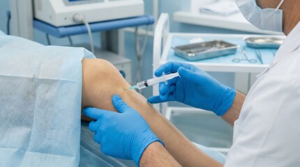 Medical professional administering an intra-articular injection into a patients knee joint for pain relief.