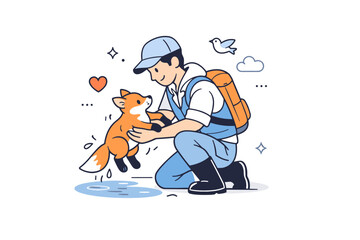 Naklejka premium Saving animals. A rescuer gently lifting a stranded animal, with supportive gestures and reassuring body language. Moment of trust and care