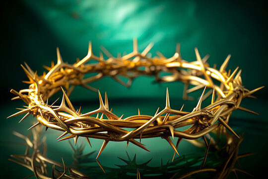 A luxurious golden crown of thorns placed against a deep emerald green background. The intertwined thorn branches are crafted from polished gold, this sharp elegant spikes catching the light .