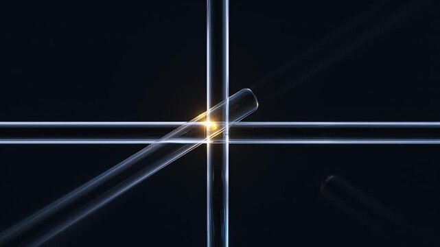Abstract illuminated glass rods in a crosshatch pattern against a dark background