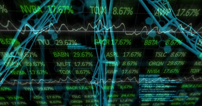 Layered dashboard starting frame 1, cyan lattice and waveform pulsing, tickers climbing for markets