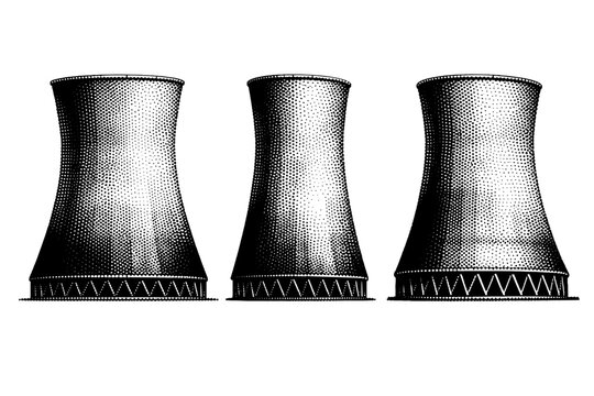 Tower architecture industrial cooling tower with hyperboloid concrete form, rendered from frontal, side, and three-quarter perspectives.