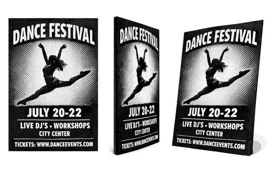 Dance festival poster panel shown as a single large-format poster layout object presented in three views: front view, side view,