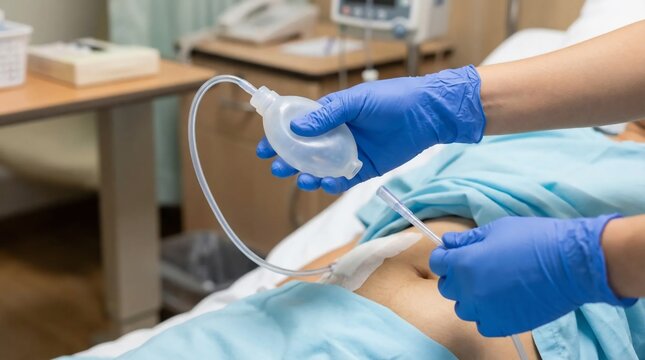 Medical professional performing nasogastric tube feeding for a patient in a hospital.