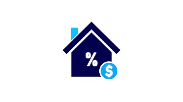 Dark blue house icon with percentage and blue dollar symbol on white background home real estate