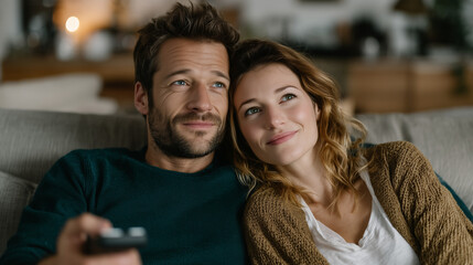Fototapeta premium Cozy Serenity at Home: A couple shares an intimate moment, enjoying the peace and comfort of their home, relaxed and at ease.