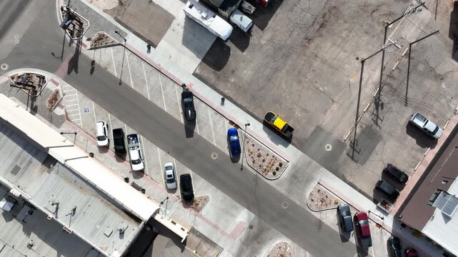 Eaton Colorado drone flight over town buildings abstract drone down view.