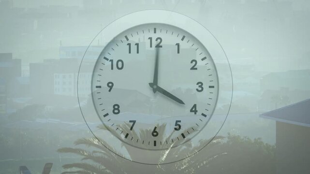 On play clock hands sweeping and blurring over hazy skyline to show time passing