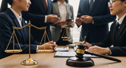 Lawyers discussing case with scales of justice and gavel on table