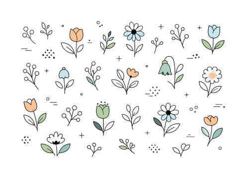 Modern botanical pattern. Stylized flowers and branches repeating softly with lots of white space between elements. Clean, contemporary