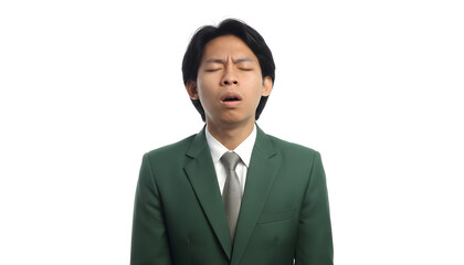 Young asian man feeling tired bored or sleepy yawning with closed eyes wearing a green business suit