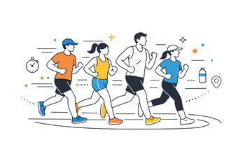 Fototapeta premium Marathon Training Unity. Group marathon training. Several runners move together on a track, with motion lines and abstract dots emphasizing teamwork, pace, and