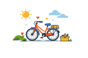 Fototapeta premium Weekend Bicycle Bliss. Bicycle weekend leisure mood shown through a parked bicycle with gentle sun and cloud elements, suggesting slow travel, relaxation and