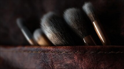 Group of makeup brushes in a brown leather pouch. the brushes are arranged in a row, with the largest brush in the center and the smallest brush on the left.