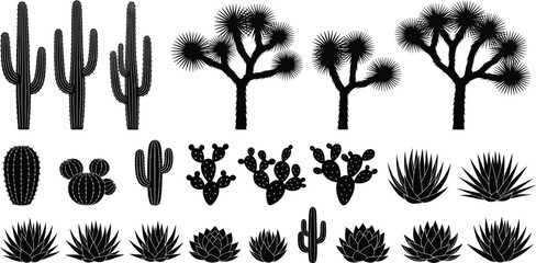 Collection of African savanna wildlife silhouettes including giraffe elephant zebra lion rhino and acacia trees isolated on white background for safariCollection of African  © Zakia