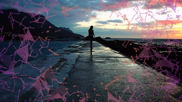 Sunset urging woman walking pier toward sea, stopping watching sunset, pink overlay framing travel