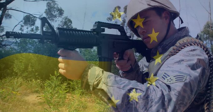 Yellow-blue band and star column overlaying, hand entering, soldier aiming rifle for military drill