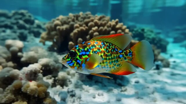 Vibrant coral reef fish swimming in tropical waters with sunlight and coral formations underwater ecosystem and aquatic life