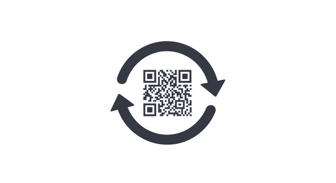 Black QR code with circular arrows.