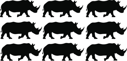 Collection of black rhinoceros silhouettes in various walking and standing poses isolated on white background for wildlife safari and conservation designsCollection of black r © Zakia