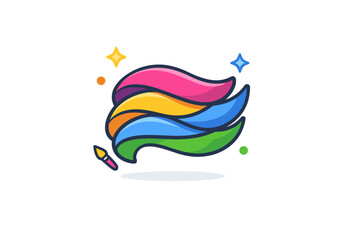 Obraz premium Artistic color use illustrated by flowing color ribbons arranged into a compact badge, conveying movement, creativity, and visual rhythm. Minimalist flat