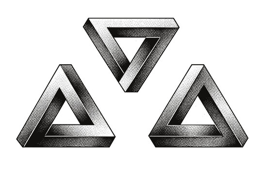 Optical illusion object impossible triangle solid, a three-dimensional rendering of a paradoxical triangular loop that appears structurally