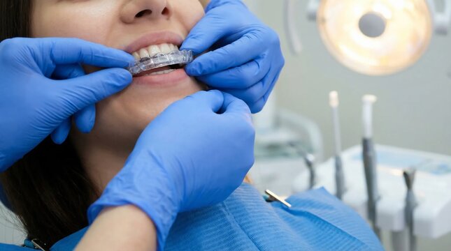 Orthodontist fitting clear invisible aligners on a patients teeth in a modern dental clinic.