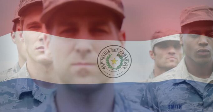 Military team in ranks, flag drifting, emblem aligning while camera zooming SMITH tag honoring flag