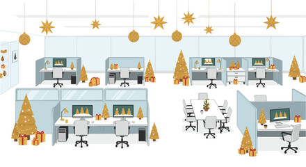 Obraz premium A spacious office and conference room are elegantly decorated for Christmas with golden trees, ornaments, and gifts.