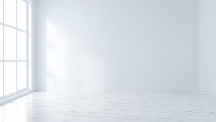Obraz premium Modern empty room with white marble floor and sunlight from large grid window
