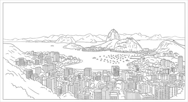 Detailed line art of rio de janeiro skyline with sugarloaf mountain