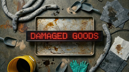 Damaged goods sign on digital display with dirty gloves, metal scoops, stained cloths, and sausages on grungy surface, conveying industrial waste or food spoilage concept
