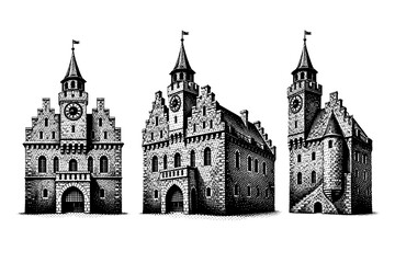 Obraz premium Historic building facade medieval town hall facade. A fortified historic civic building facade with stepped gables, narrow windows, stone