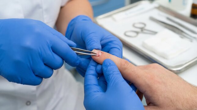Professional podiatrist or manicurist in blue gloves treating a clients fingernail in a clinic.