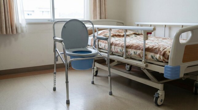 Portable commode chair next to an empty hospital bed in a patient room.