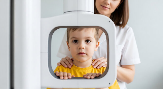 子供の歯科医でのレントゲン検査、明るい背景での医療の瞬間