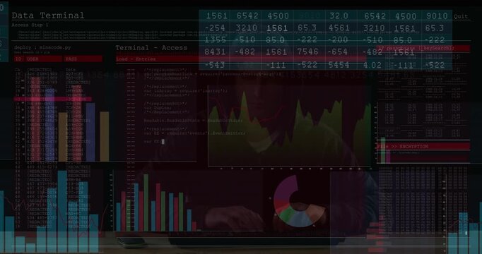 Male analyst typing on keyboard, animated dashboard and terminal overlay expanding, analyzing data