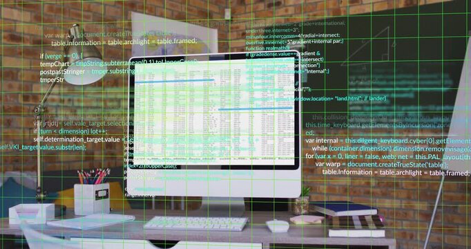 Faint green grid pulsing, white monitor taking overlays, code scrolling to screen, visualizing data