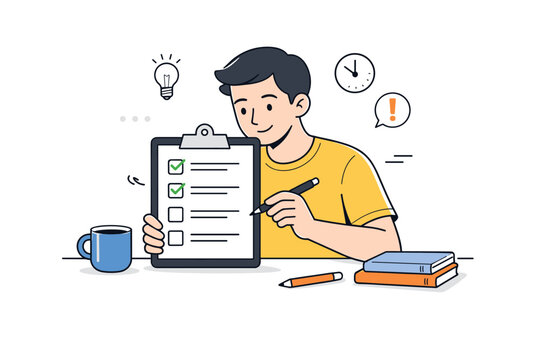 Task list management. A person reviewing a simple checklist with completed and pending tasks. Sense of control, focus, and everyday