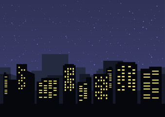Naklejka premium 夜空に星が輝く都会のビル群の夜景をイメージしたフラットデザインのベクターイラスト素材 立ち並ぶ高層ビルと窓の明かりが都会的な雰囲気を演出するシンプルで使い勝手の良いバックグラウンド