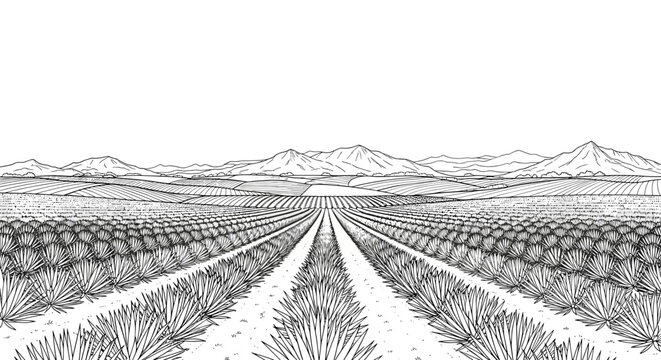 Detailed linear landscape of agave fields and mountains