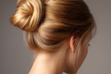 Fototapeta premium Close-up of bun hairstyle with soft lighting for elegant beauty or fashion use.