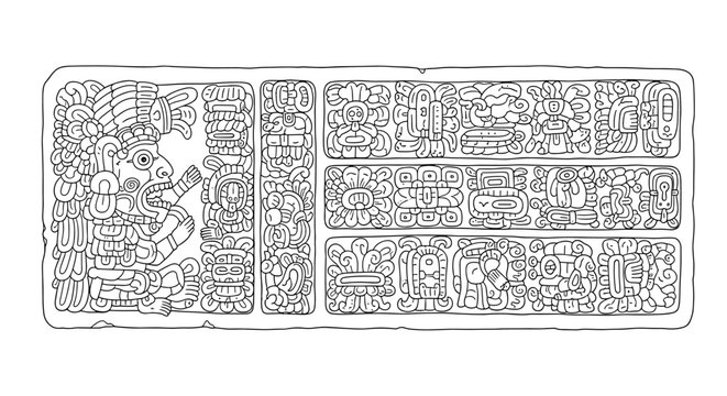 Intricate mayan glyph art in black and white line drawing