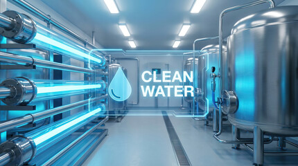 Obraz premium Clean water purification system with stainless steel tanks and glowing blue filtration pipes in modern industrial facility ensuring safe drinking water