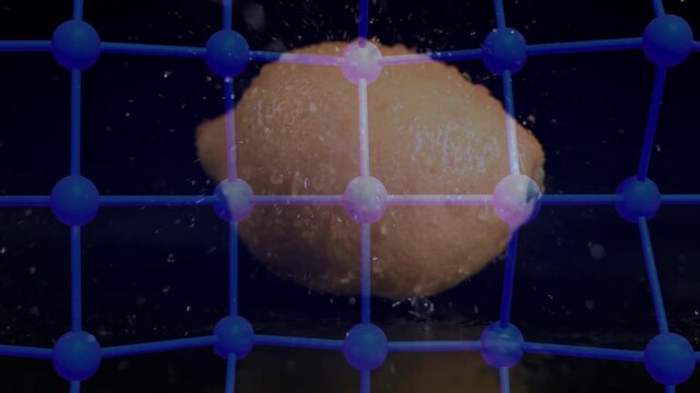 Orange sphere releasing bubbles when bubbling starts, bobbing and showing fizz behind blue mesh