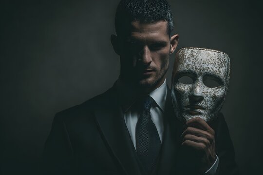 Confident guy in a sharp suit holds a mask of trickery in dramatic light.