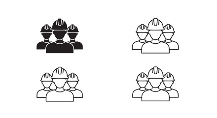 Construction worker group icon collection. Includes team, engineer, builder, and labor symbols. Created in solid and outline styles with black and white palette. © Abdul