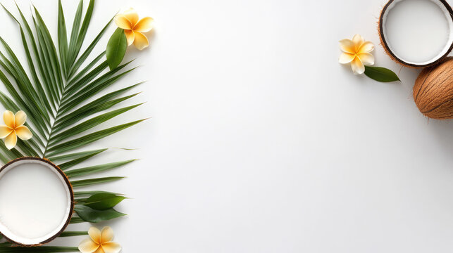 Coconuts, fragrant plumeria flowers, and a large palm leaf creating a tropical and celebratory composition, symbolizing natural beauty, relaxation, and wellness on a vibrant background