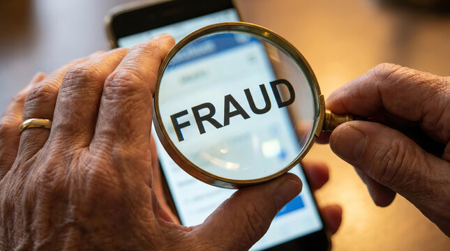 Fraud magnified through magnifying glass over smartphone screen highlighting scam investigation and financial security concern in closeup hands scene