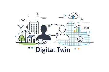 Naklejka premium Digital twin future concept icon. Abstract composition blending real objects, virtual grids, and data symbols, expressing innovation and